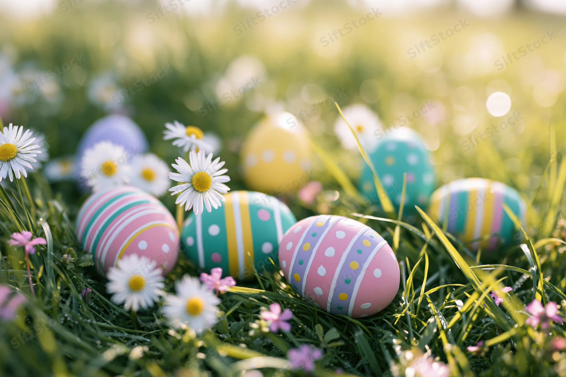 Colorful painted easter eggs scattered in green grass among daisies and small flowers