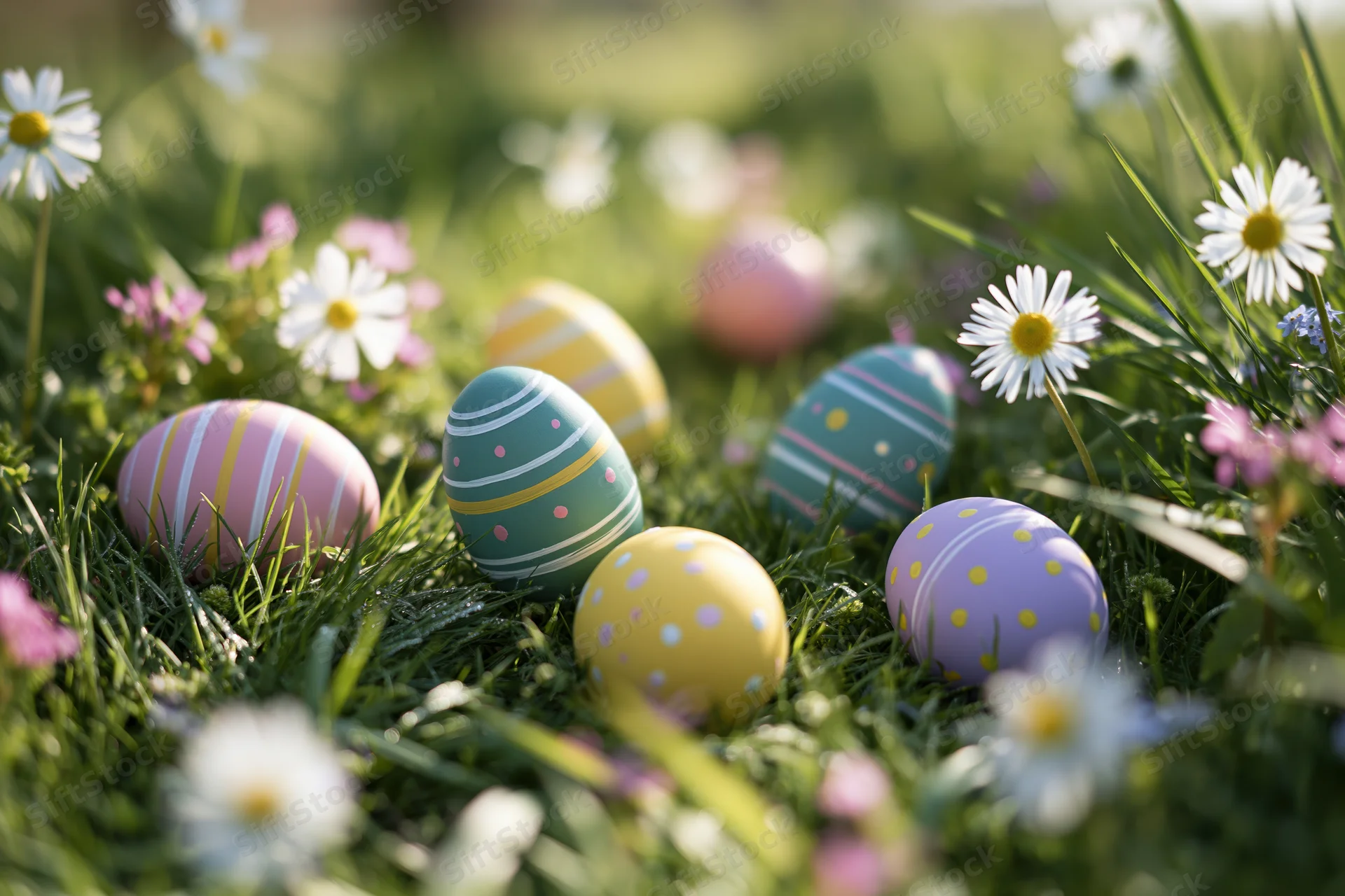 Colorful painted easter eggs scattered in green grass among daisies and wildflowers