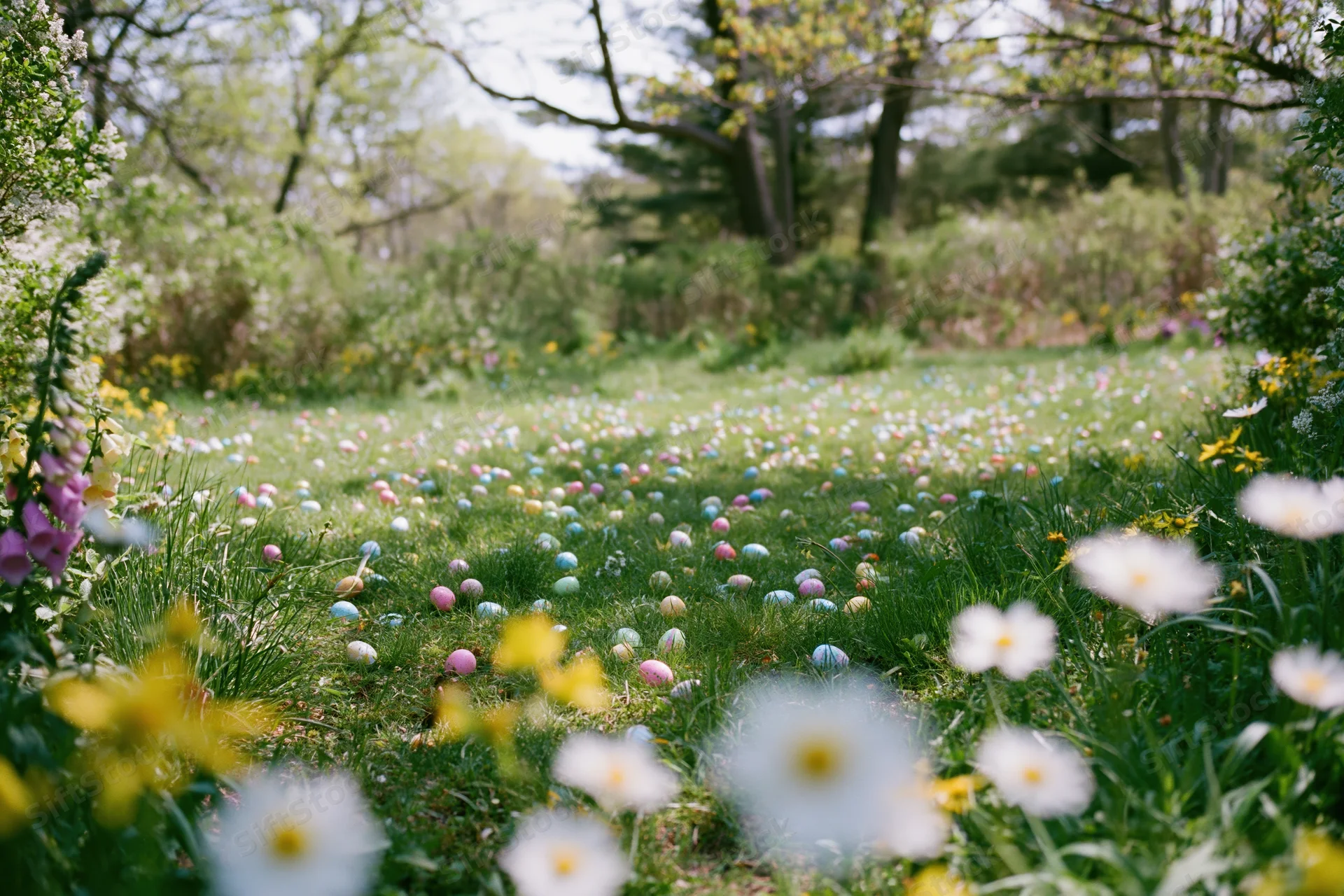 Colorful painted easter eggs scattered across a sunny green meadow with blooming flowers and trees in the background