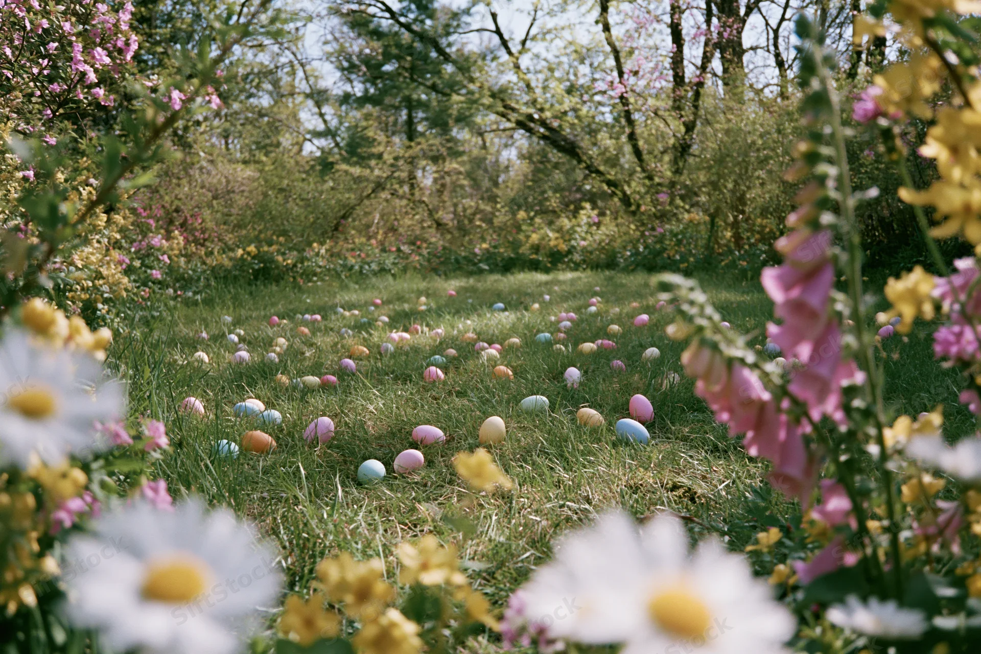 Colorful painted easter eggs scattered across a sunny green meadow surrounded by blooming flowers and trees