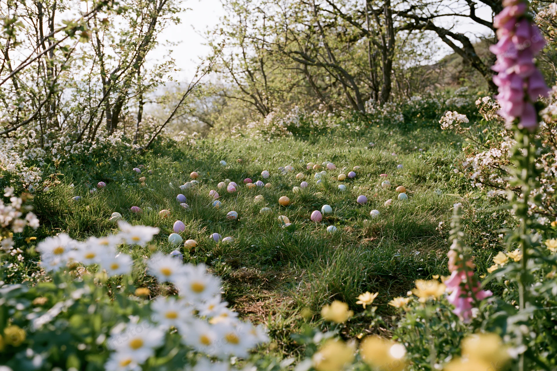 Colorful painted easter eggs scattered across a sunny green meadow among blooming flowers and trees