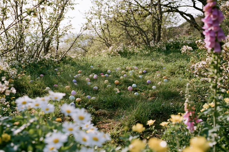 Colorful painted easter eggs scattered across a sunny green meadow among blooming flowers and trees