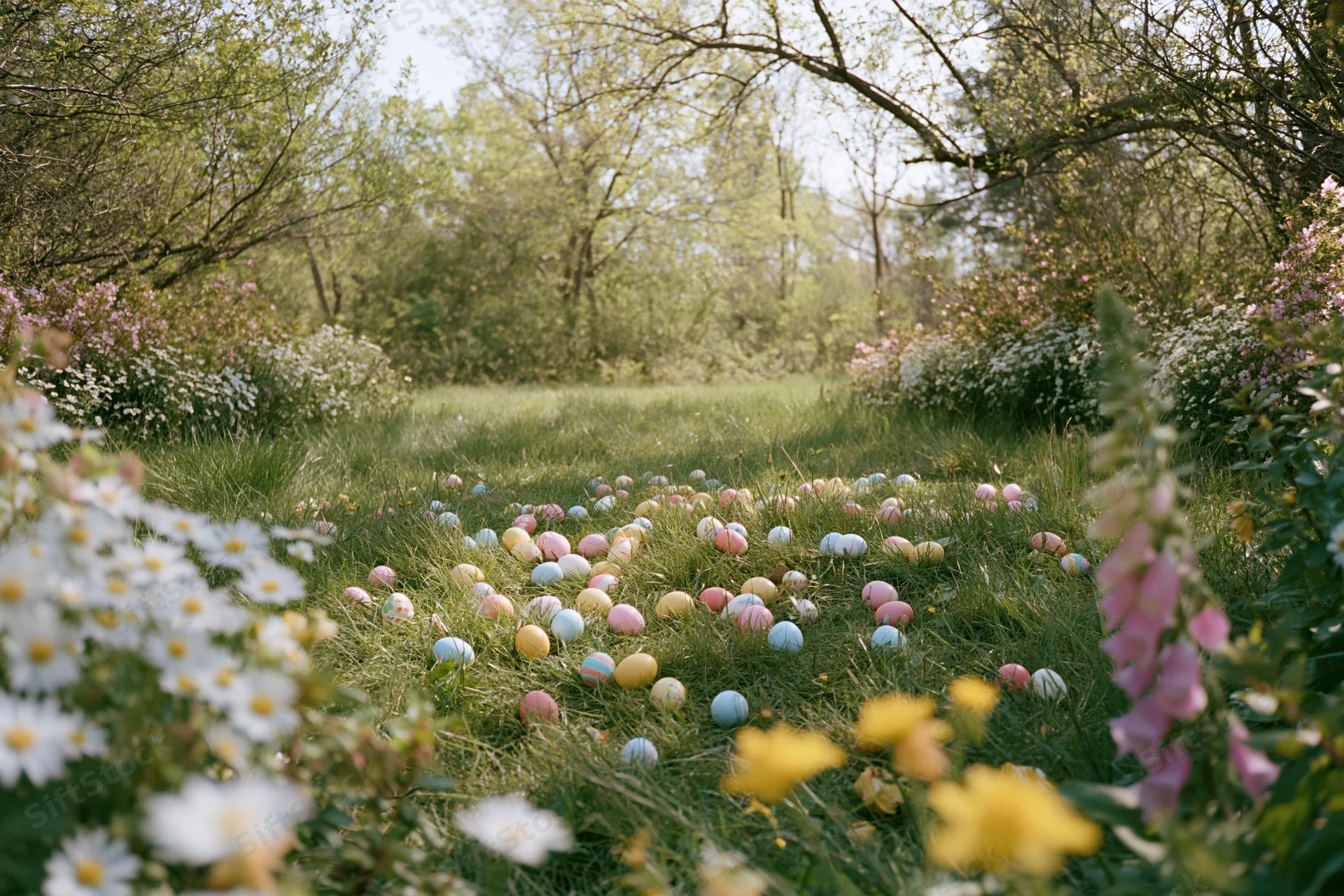 Colorful painted easter eggs scattered across a sunny green meadow surrounded by blooming flowers and trees