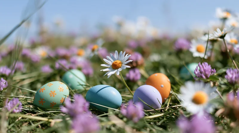 Colorful painted easter eggs scattered among wild daisies and purple flowers in a grassy meadow on a sunny day