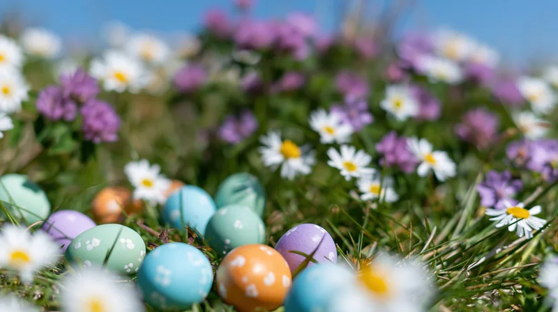 Colorful painted easter eggs scattered among wild daisies and grass in a spring meadow
