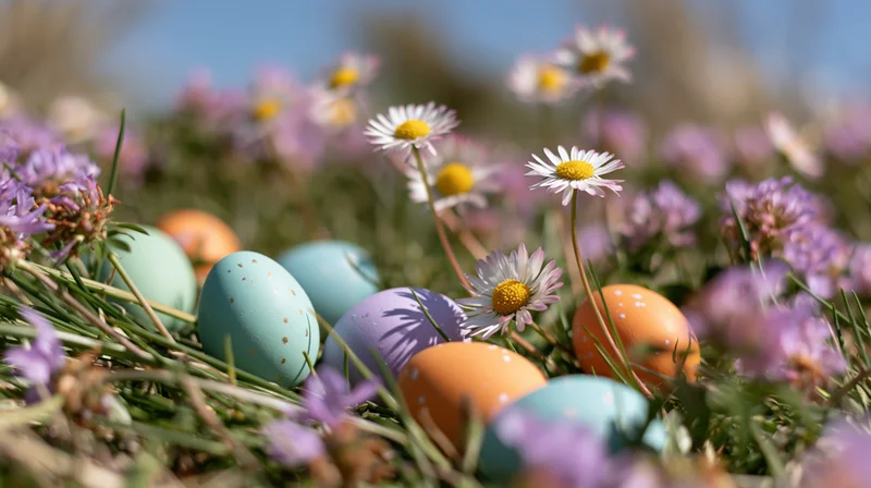 Colorful painted easter eggs scattered among wild daisies and grass in a spring meadow