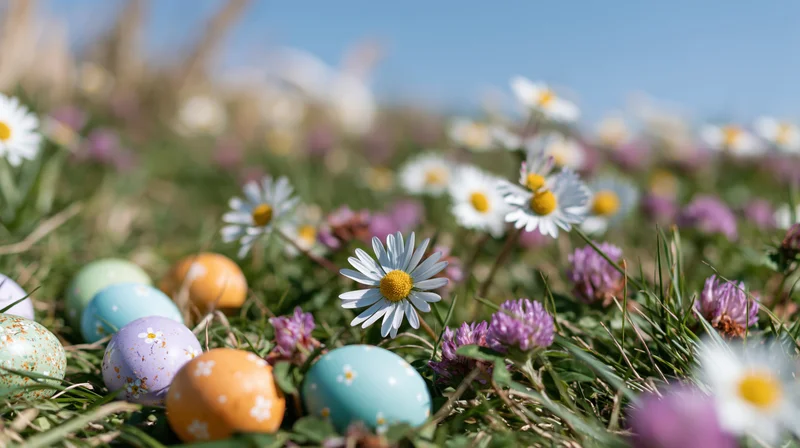 Colorful painted easter eggs scattered among wild daisies and clover in a grassy meadow on a sunny day