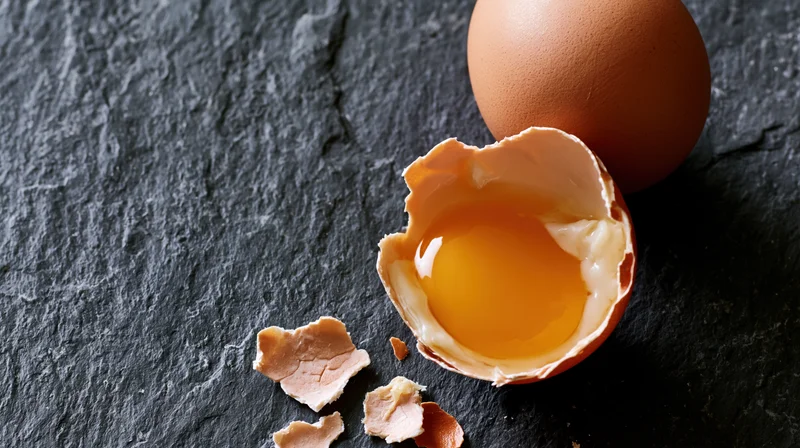 Cracked brown chicken egg with yolk and shell fragments on dark slate stone surface