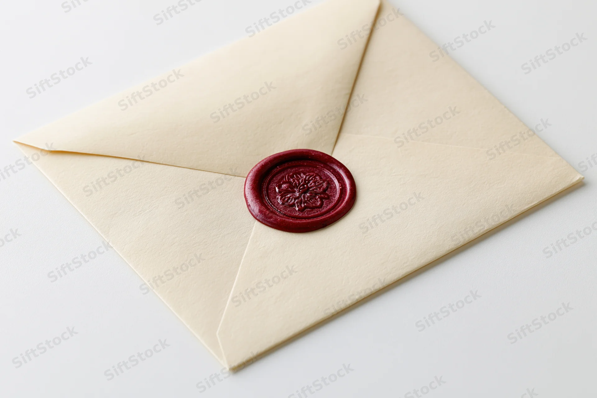 Cream-colored envelope sealed with a red wax seal on white background