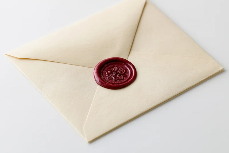 Cream-colored envelope sealed with a red wax seal on white background