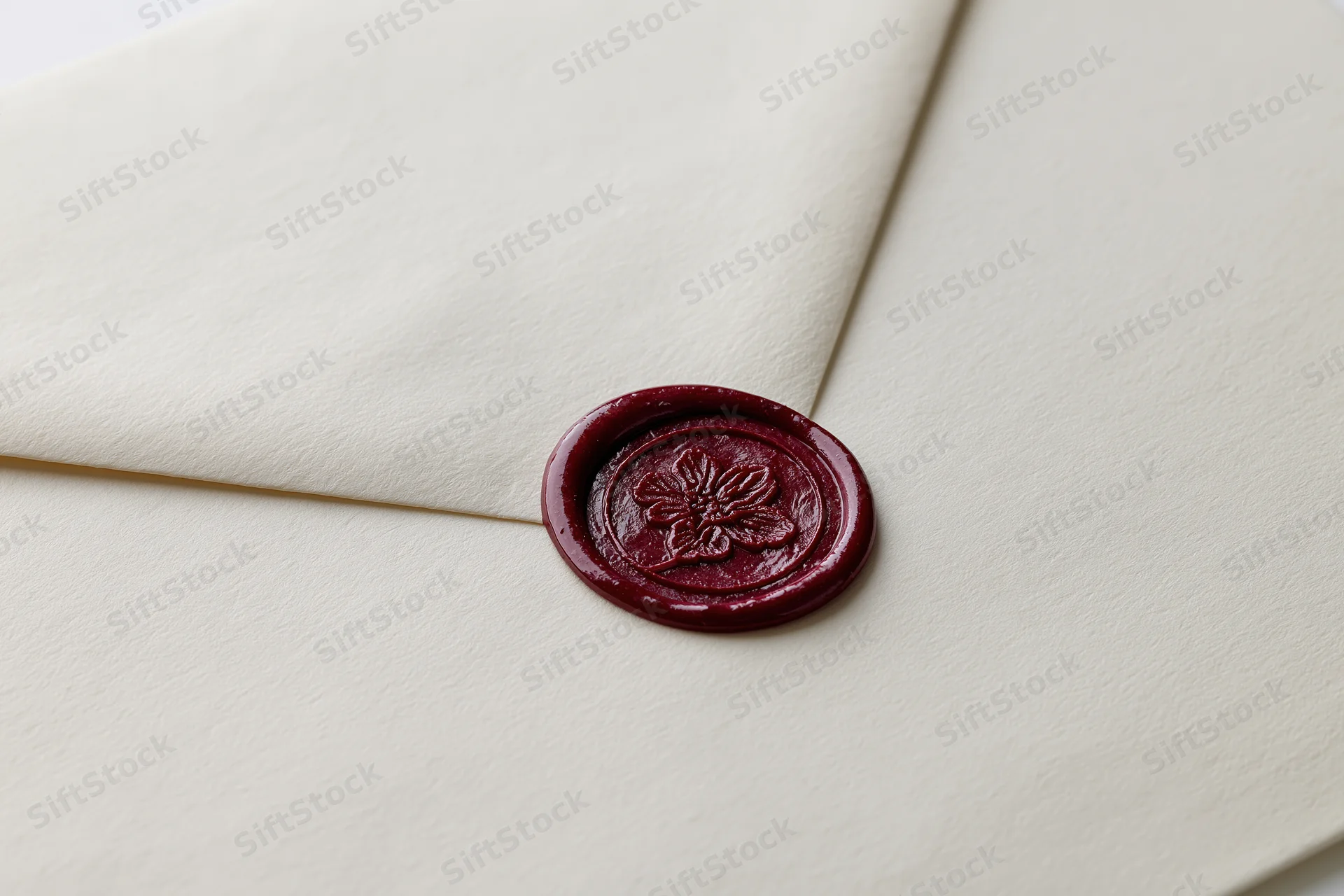 Cream-colored envelope sealed with a deep red wax seal featuring a floral imprint