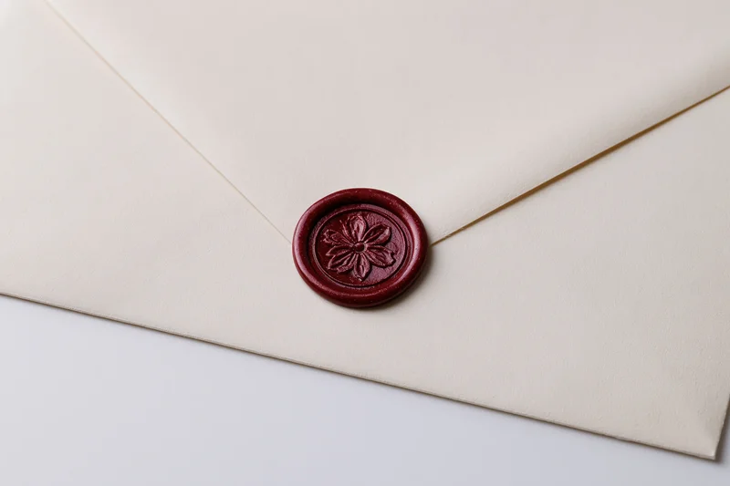 Cream envelope sealed with red wax seal featuring flower design on white surface