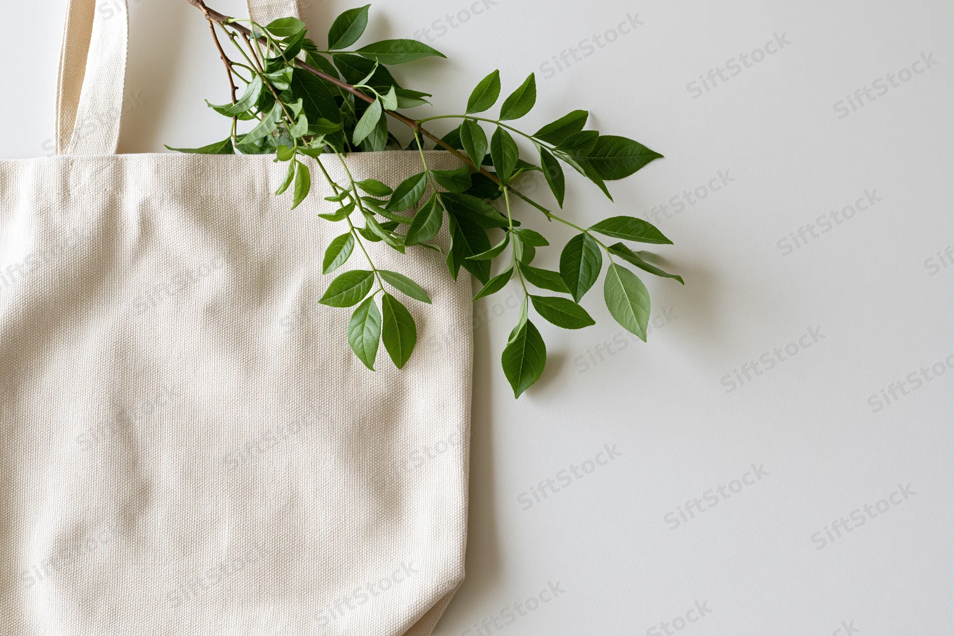 Cream canvas tote bag with green leafy branch lying flat on light off-white surface