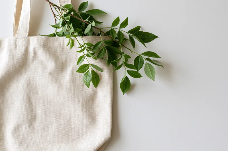 Cream canvas tote bag with green leafy branch lying flat on light off-white surface