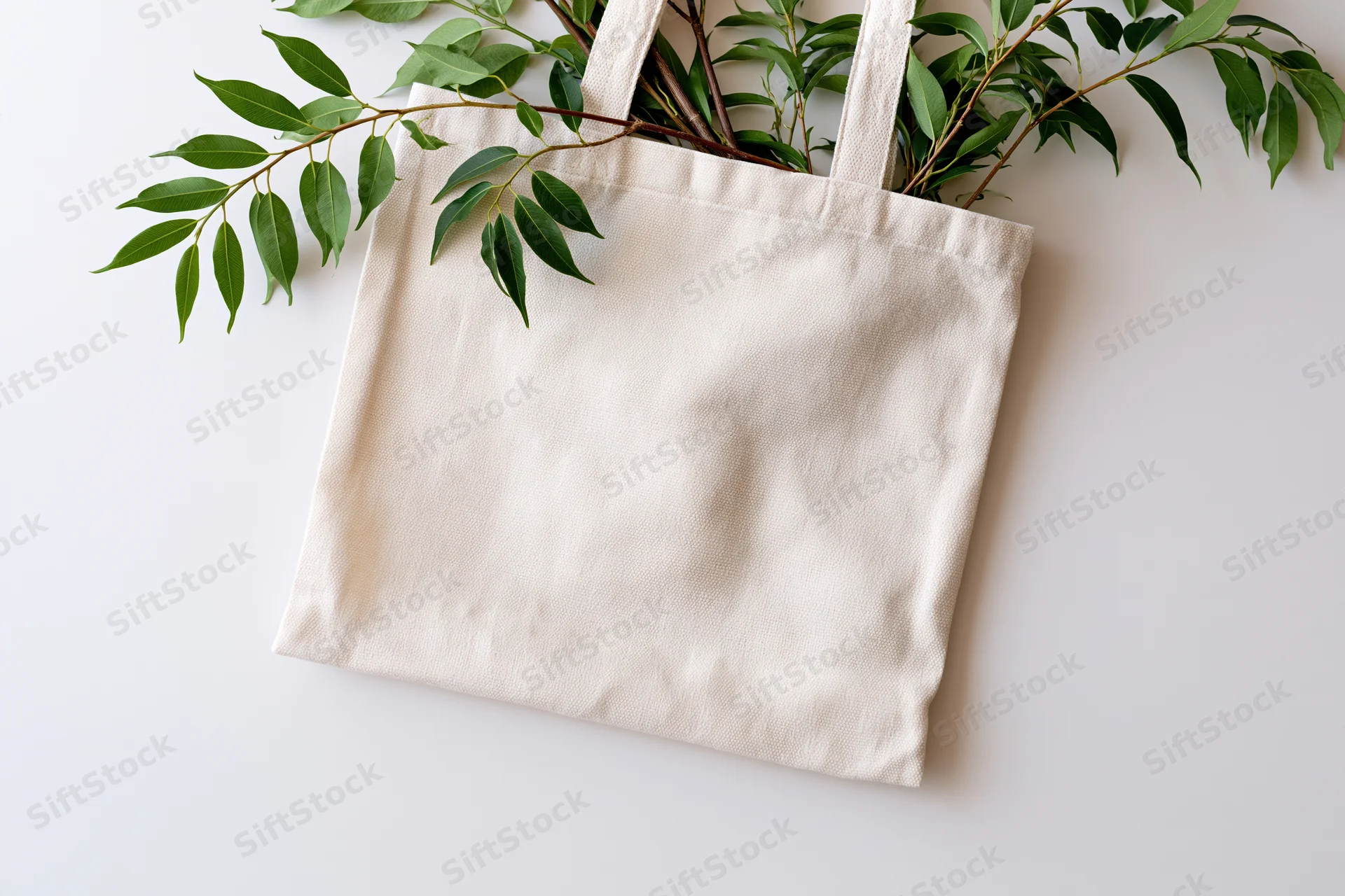 Cream canvas tote bag lying flat with green leaves on white surface
