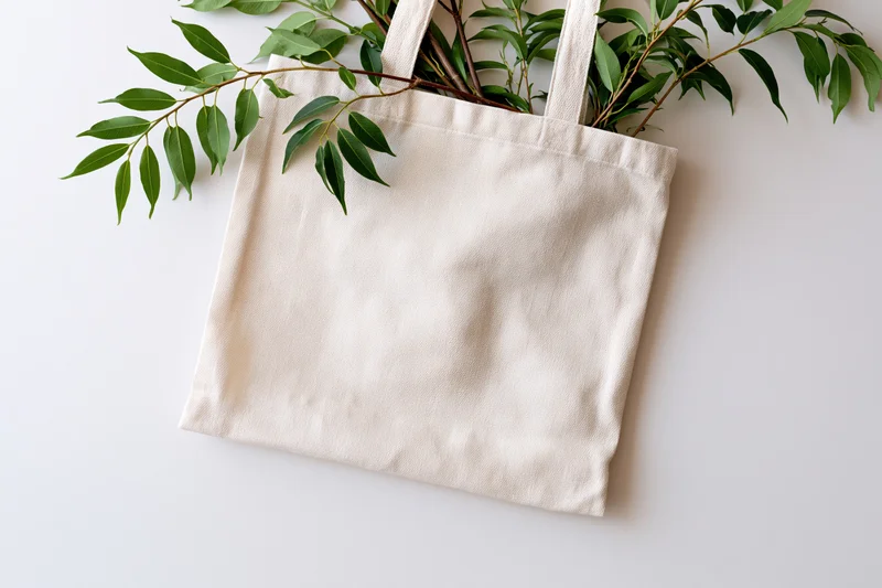Cream canvas tote bag lying flat with green leaves on white surface