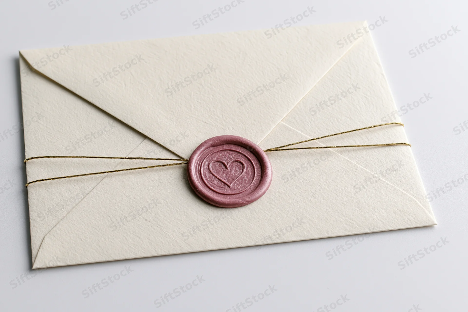 Cream paper envelope sealed with dusty-rose wax seal featuring heart design, tied with gold string on white surface