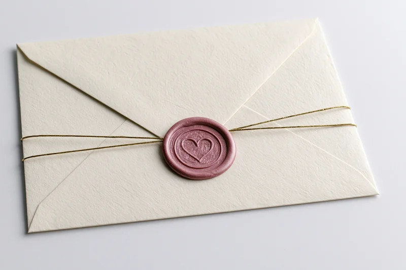 Cream paper envelope sealed with dusty-rose wax seal featuring heart design, tied with gold string on white surface