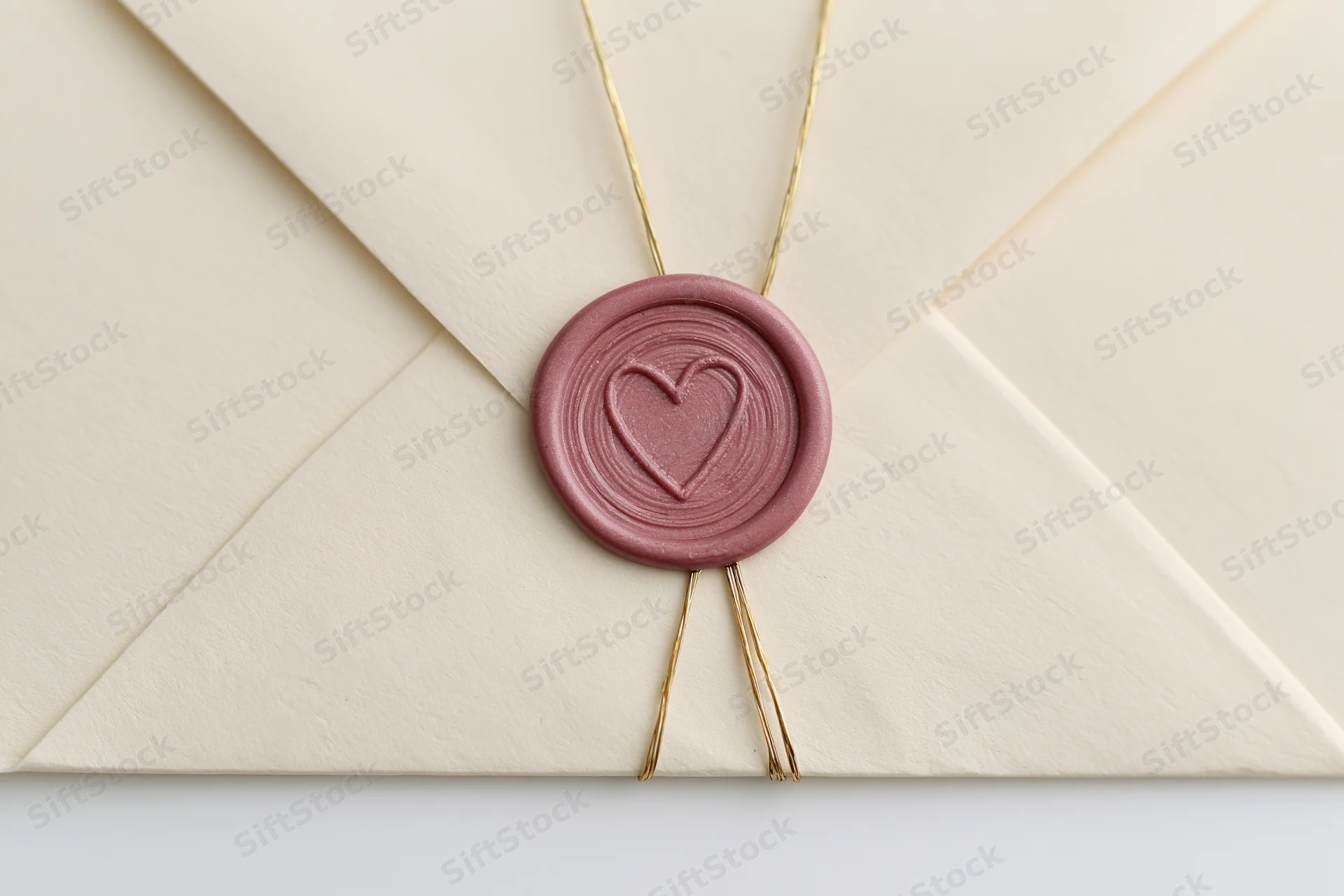 Cream paper envelope sealed with dusty-rose wax seal featuring heart design and gold string
