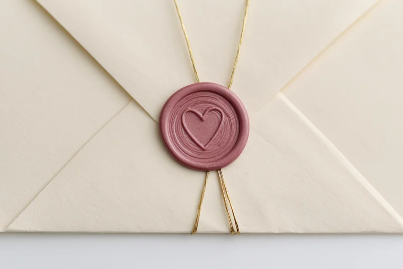 Cream paper envelope sealed with dusty-rose wax seal featuring heart design and gold string