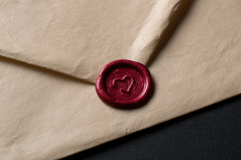 Cream parchment envelope sealed with red wax heart stamp on dark surface