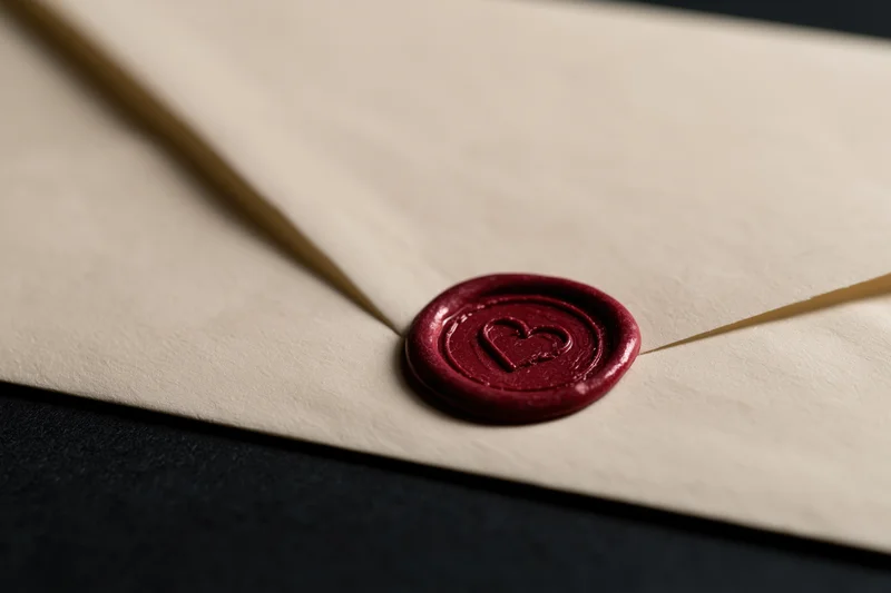 Cream parchment envelope sealed with red wax heart stamp on dark surface