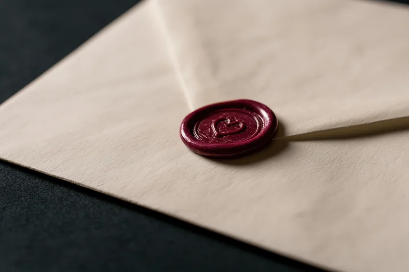 Cream parchment envelope sealed with deep red wax stamp on dark textured surface