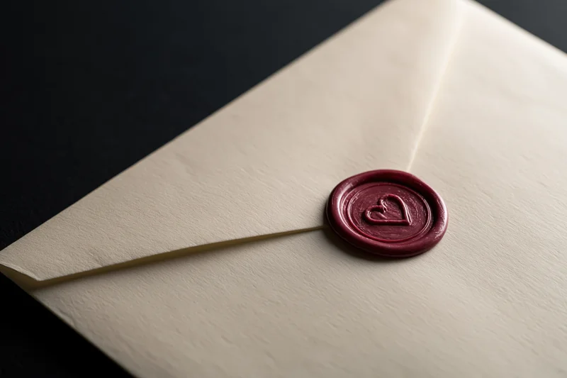 Cream parchment envelope sealed with red wax heart stamp on dark surface