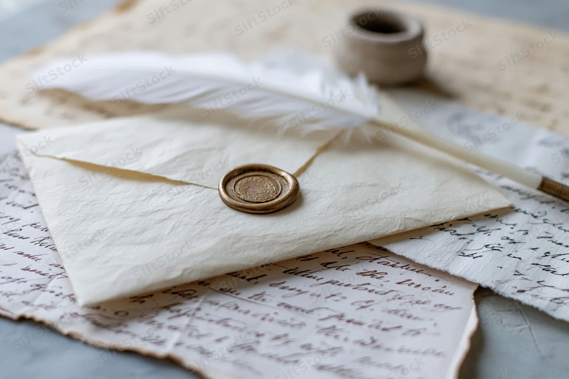 Cream parchment envelope sealed with bronze wax seal resting on handwritten letters with quill and inkwell