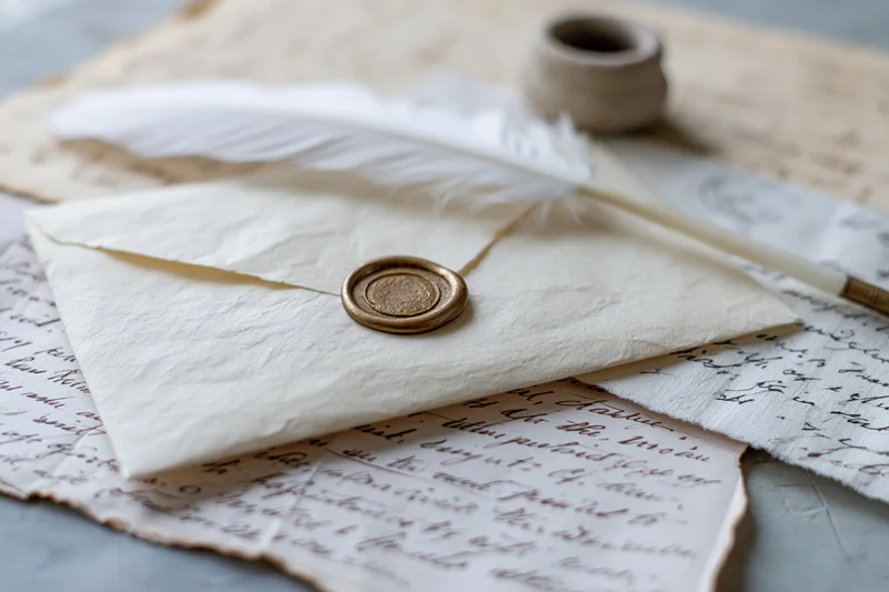 Cream parchment envelope sealed with bronze wax seal resting on handwritten letters with quill and inkwell