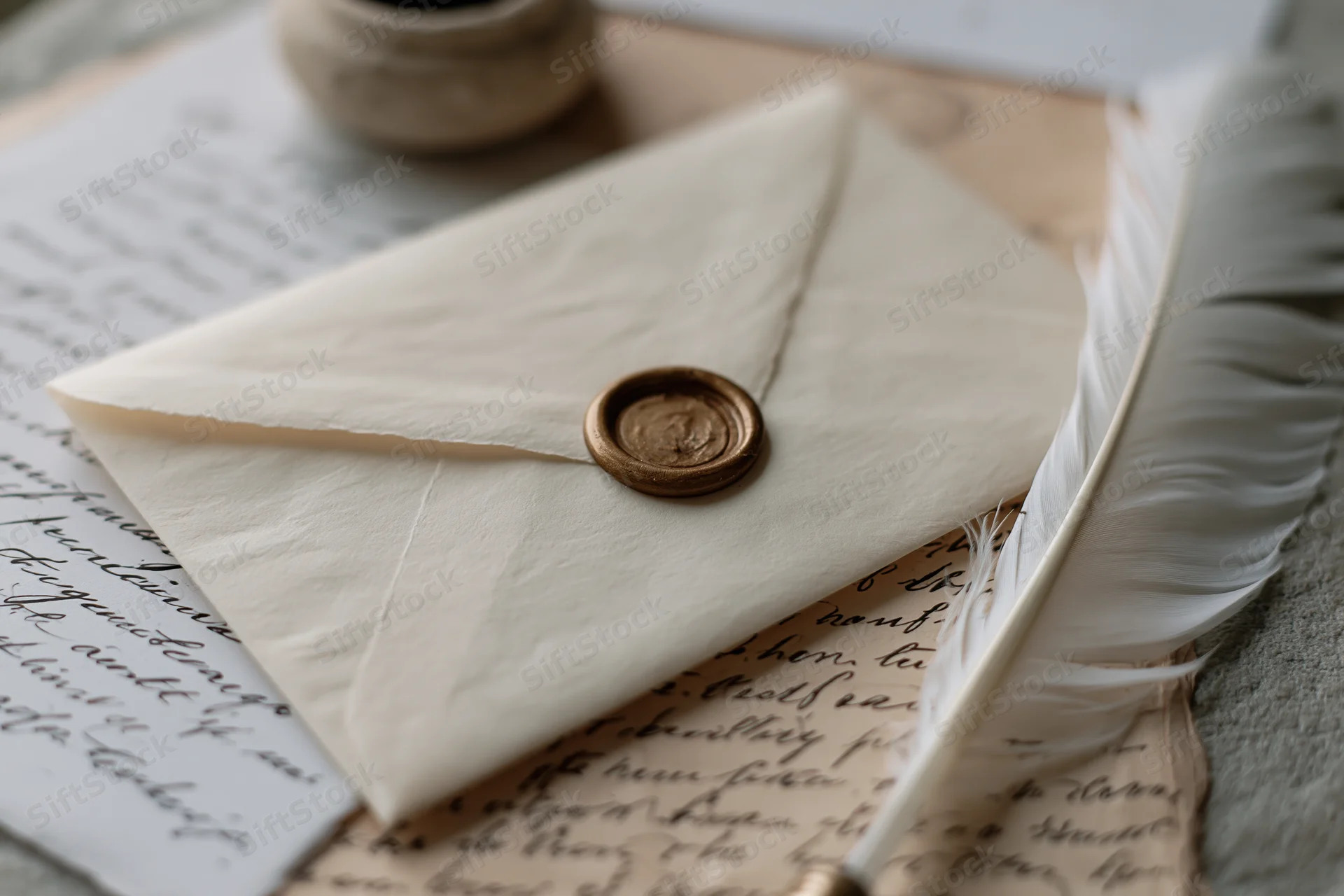 Cream parchment envelope sealed with bronze wax seal resting on handwritten letter with quill pen nearby