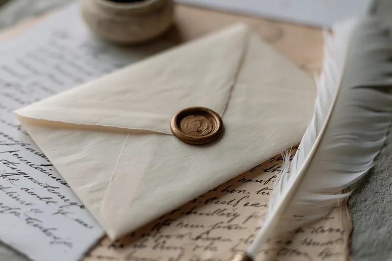 Cream parchment envelope sealed with bronze wax seal resting on handwritten letter with quill pen nearby