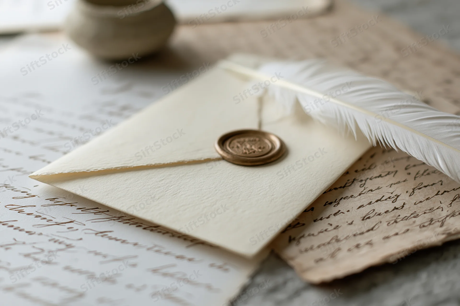 Cream parchment envelope sealed with bronze wax seal resting on handwritten letter with feather quill nearby