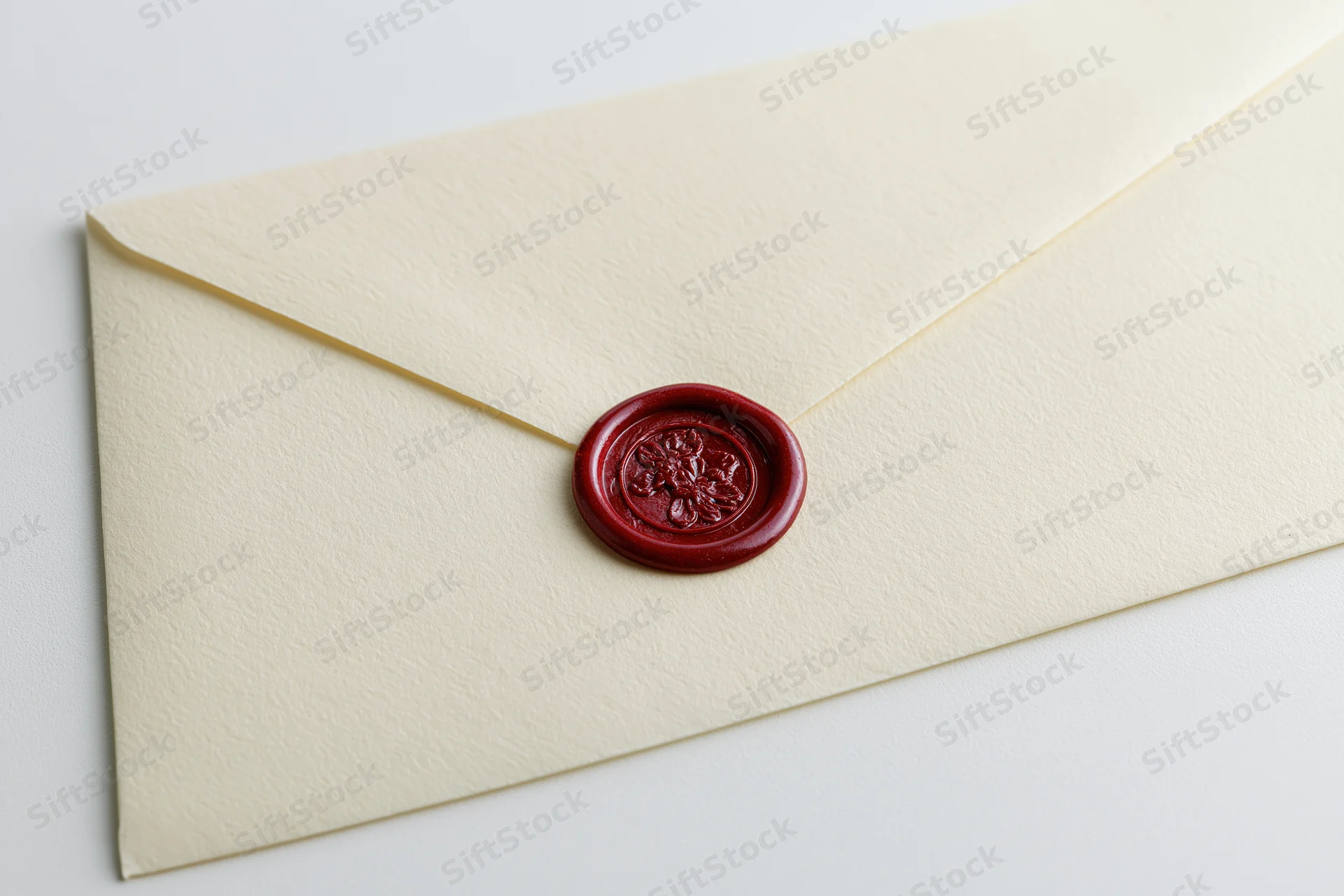 Cream parchment envelope sealed with red wax seal on white surface
