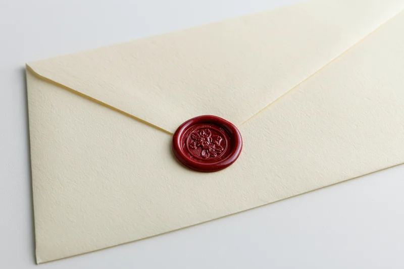Cream parchment envelope sealed with red wax seal on white surface