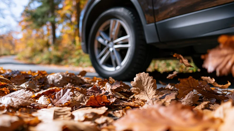 Dark suv driving over a carpet of fallen autumn leaves on a paved road surrounded by trees