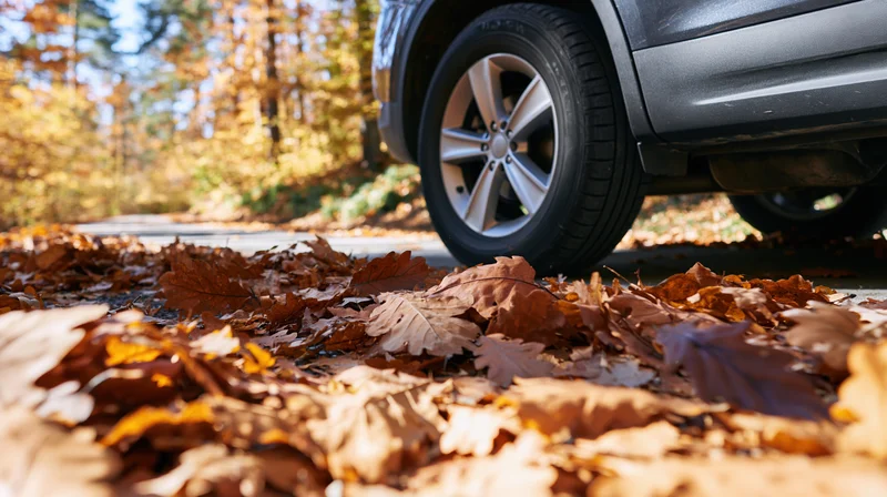 Dark suv driving on a road covered with fallen autumn leaves in a forested area