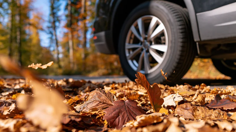 Dark suv driving on a road covered with fallen autumn leaves in a forest