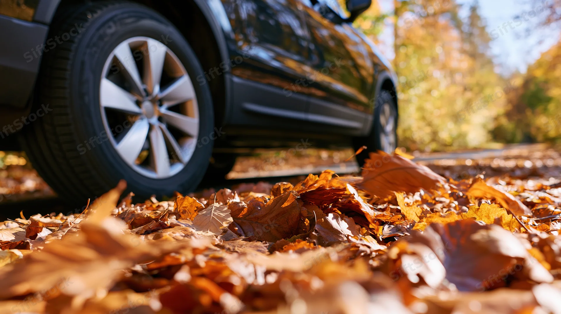 Dark suv driving through a carpet of fallen autumn leaves on a forest road