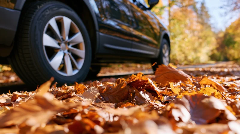 Dark suv driving through a carpet of fallen autumn leaves on a forest road