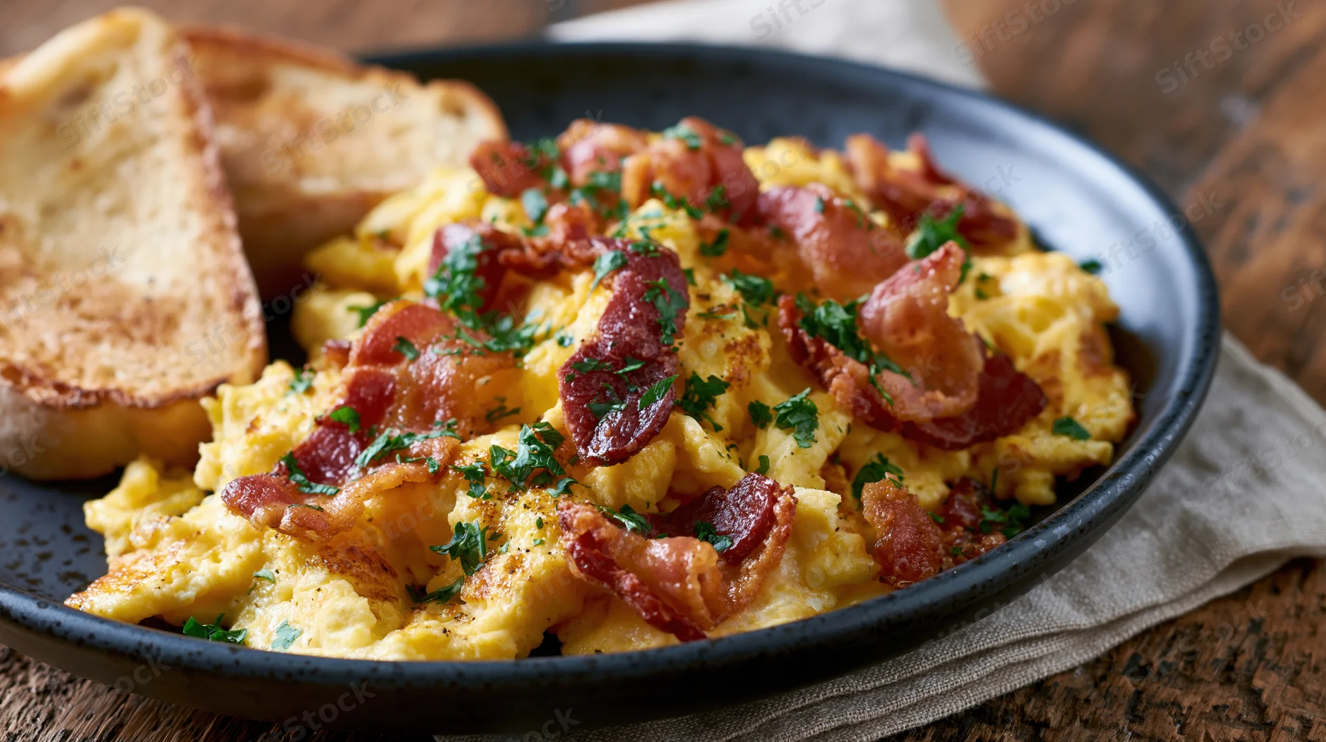 Fluffy scrambled eggs topped with crispy bacon and parsley served with toast on a dark ceramic plate