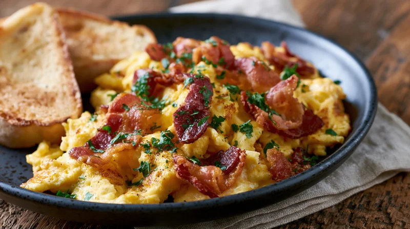 Fluffy scrambled eggs topped with crispy bacon and parsley served with toast on a dark ceramic plate