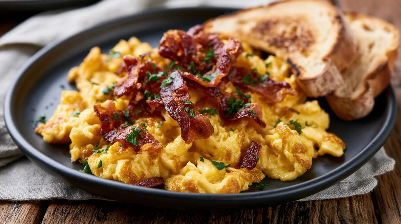 Fluffy scrambled eggs topped with crispy bacon and herbs on a dark ceramic plate with toast beside it on a wooden table