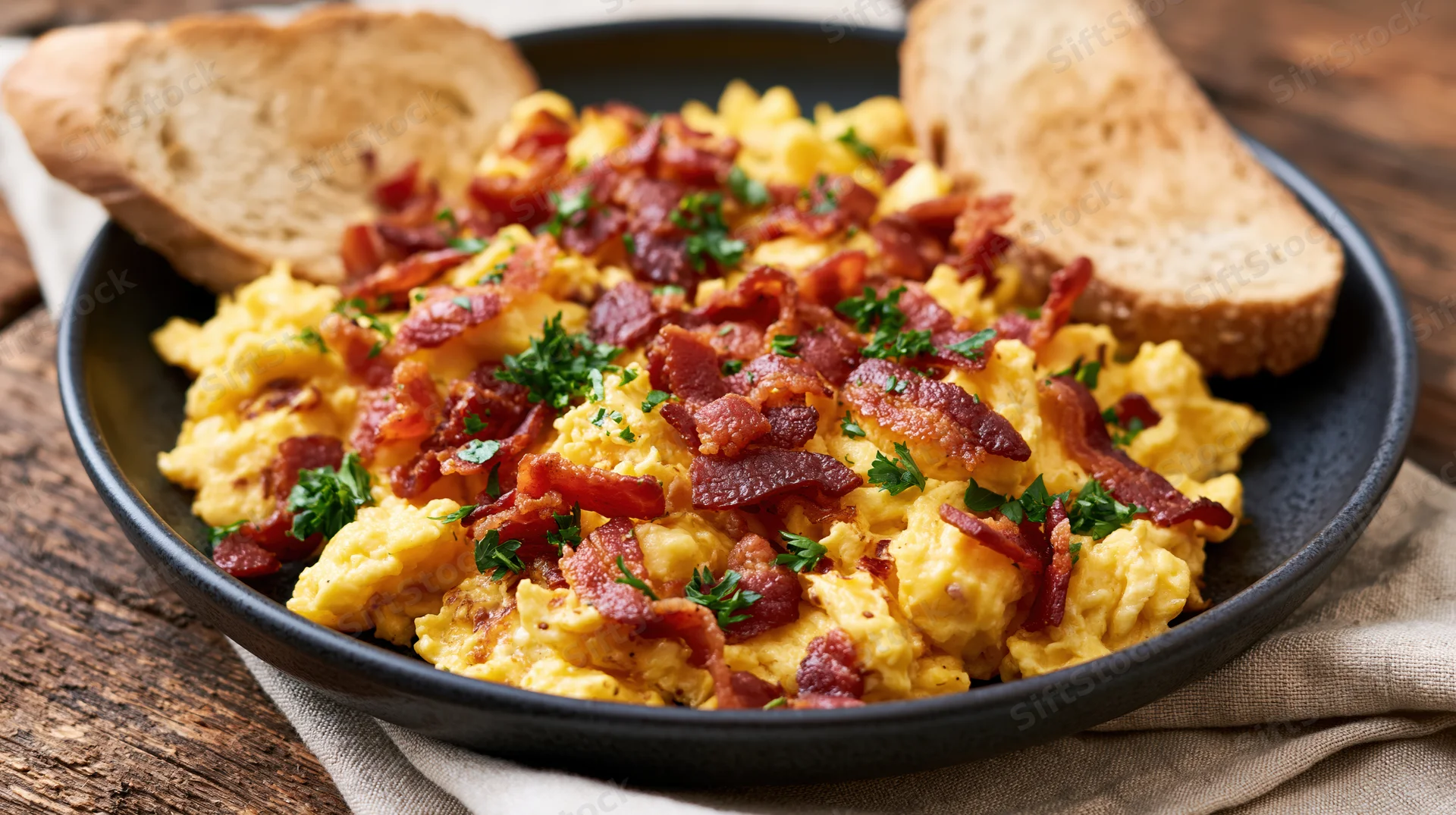 Scrambled eggs topped with bacon and parsley on a dark ceramic plate with toast on a wooden table