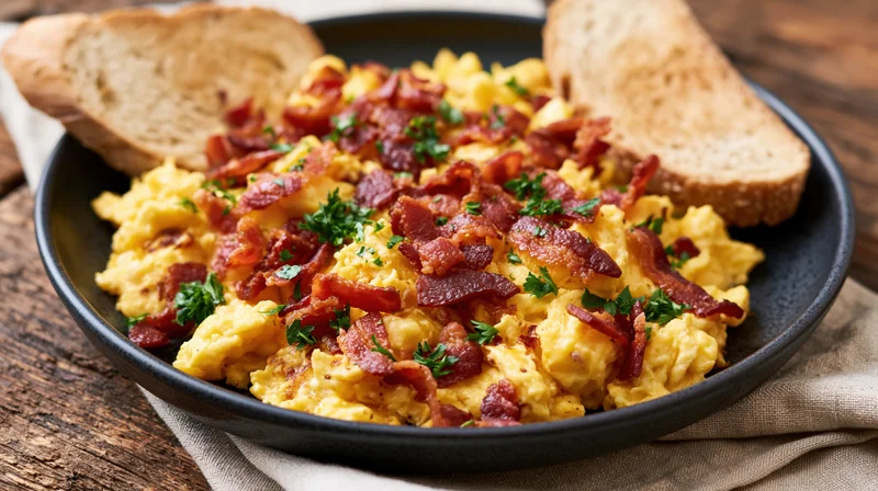 Scrambled eggs topped with bacon and parsley on a dark ceramic plate with toast on a wooden table