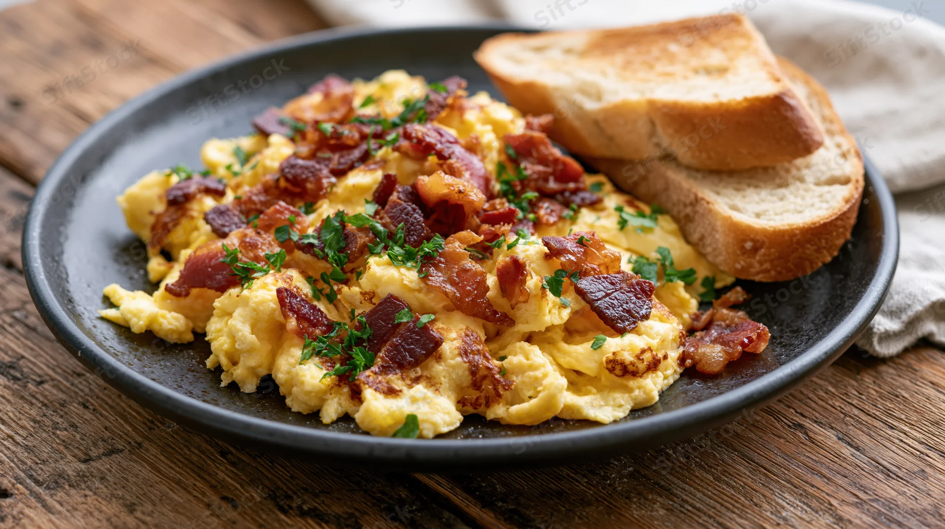 Fluffy scrambled eggs topped with bacon and herbs served with toast on a dark ceramic plate on a wooden table