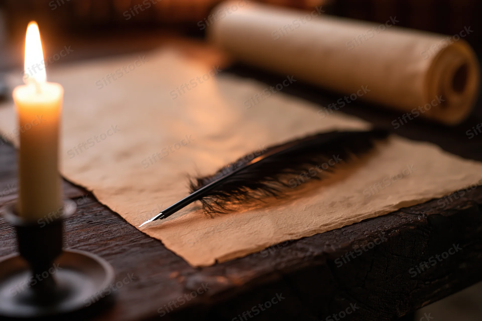 Quill pen resting on aged parchment beside a lit candle on a dark wooden desk
