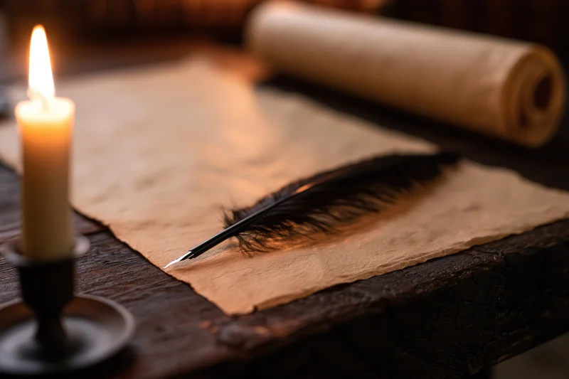 Quill pen resting on aged parchment beside a lit candle on a dark wooden desk