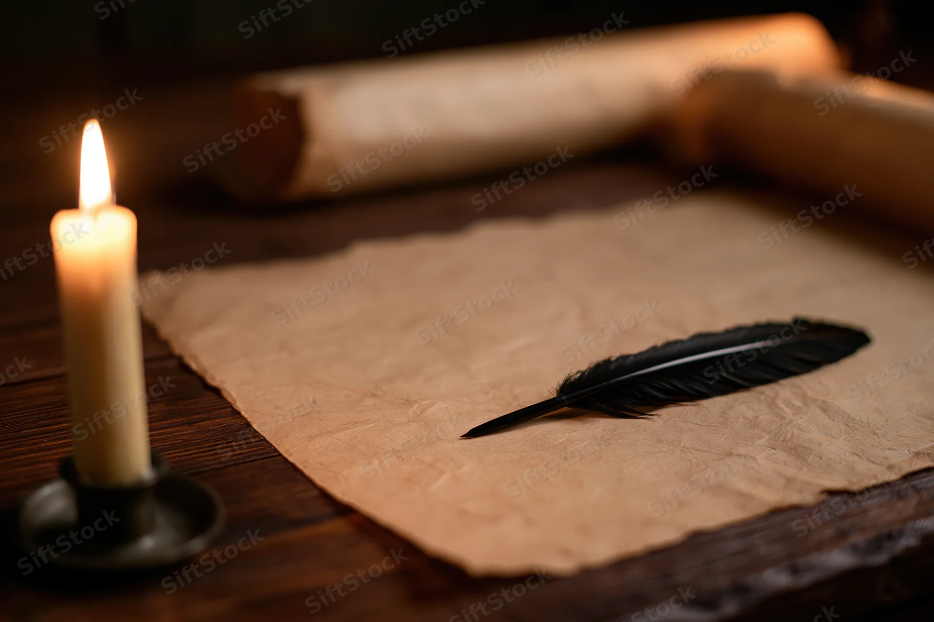 Quill pen resting on aged parchment beside a lit candle on a wooden desk