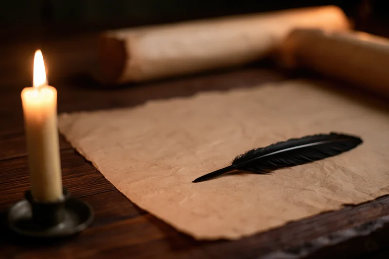 Quill pen resting on aged parchment beside a lit candle on a wooden desk